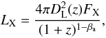 \begin{equation} L_{\rm X}=\frac{4 \pi D_{\rm L}^{2}(z)F_{\rm X}}{(1+z)^{1-\beta_{\rm a}}}, \end{equation}