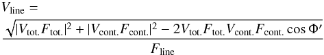 \begin{eqnarray} &&V_{\rm{line}} = \notag\\ &&\frac{\sqrt{|V_{\rm{tot.}}F_{\rm{tot.}}|^2 + |V_{\rm{cont.}}F_{\rm{cont.}}|^2 - 2V_{\rm{tot.}}F_{\rm{tot.}}V_{\rm{cont.}}F_{\rm{cont.}}\cos\Phi ^\prime}}{F_{\rm{line}}}\label{eq_2} \end{eqnarray}