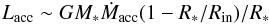 \begin{equation} L_{\rm acc} \sim G M_* \dot{M}_{\rm acc} (1 - R_*/R_{\rm in}) / R_* \label{Macc1:eq} \end{equation}