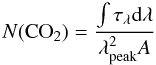 \begin{equation} N({\rm CO}_2) = \frac{\int{ \tau_\lambda {\rm d}\lambda}}{\lambda^2_{\rm peak} A} \label{NCO2:eq} \end{equation}