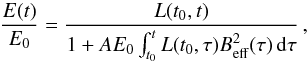 \begin{equation} \label{eq:Ee_evol} \frac{E(t)}{E_{0}} = \frac{L(t_{0},t)}{1 + AE_0 \int_{t_0}^t L(t_{0},\tau) B_{\rm eff}^2(\tau) \, {\rm d}\tau} \,, \end{equation}