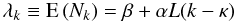 \begin{equation} \lambda_k \equiv \mbox{E}\left( N_k \right) = \beta + \alpha L(k - \kappa) \label{eq:signal01} \end{equation}
