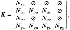 \begin{equation} \label{eq:precondSCAG} \vec{K} = \begin{bmatrix} \vec{N}_{ss} & \vec{\varnothing} & \vec{\varnothing} & \vec{\varnothing} \\ \vec{N}_{as} & \vec{N}_{aa} & \vec{N}_{ac} & \vec{\varnothing} \\ \vec{N}_{cs} & \vec{\varnothing} & \vec{N}_{cc} & \vec{\varnothing} \\ \vec{N}_{gs} & \vec{N}_{ga} & \vec{N}_{gc} & \vec{N}_{gg} \end{bmatrix} , \end{equation}