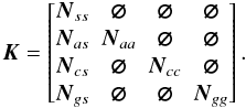 \begin{equation} \label{eq:precondS(CAG)} \vec{K} = \begin{bmatrix} \vec{N}_{ss} & \vec{\varnothing} & \vec{\varnothing} & \vec{\varnothing} \\ \vec{N}_{as} & \vec{N}_{aa} & \vec{\varnothing} & \vec{\varnothing} \\ \vec{N}_{cs} & \vec{\varnothing} & \vec{N}_{cc} & \vec{\varnothing} \\ \vec{N}_{gs} & \vec{\varnothing} & \vec{\varnothing} & \vec{N}_{gg} \end{bmatrix} . \end{equation}
