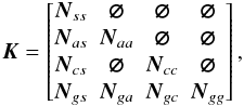 \begin{equation} \label{eq:precondS(CA)G} \vec{K} = \begin{bmatrix} \vec{N}_{ss} & \vec{\varnothing} & \vec{\varnothing} & \vec{\varnothing} \\ \vec{N}_{as} & \vec{N}_{aa} & \vec{\varnothing} & \vec{\varnothing} \\ \vec{N}_{cs} & \vec{\varnothing} & \vec{N}_{cc} & \vec{\varnothing} \\ \vec{N}_{gs} & \vec{N}_{ga} & \vec{N}_{gc} & \vec{N}_{gg} \end{bmatrix} , \end{equation}