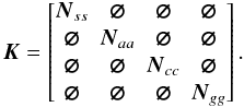 \begin{equation} \label{eq:precond(SCAG)} \vec{K} = \begin{bmatrix} \vec{N}_{ss} & \vec{\varnothing} & \vec{\varnothing} & \vec{\varnothing} \\ \vec{\varnothing} & \vec{N}_{aa} & \vec{\varnothing} & \vec{\varnothing} \\ \vec{\varnothing} & \vec{\varnothing} & \vec{N}_{cc} & \vec{\varnothing} \\ \vec{\varnothing} & \vec{\varnothing} & \vec{\varnothing} & \vec{N}_{gg} \end{bmatrix}. \end{equation}
