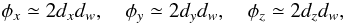 \appendix \setcounter{section}{1} \begin{equation} \label{eq:diffrot3} \phi_x \simeq 2 d_x d_w, \quad \phi_y \simeq 2 d_y d_w, \quad \phi_z \simeq 2 d_z d_w, \end{equation}
