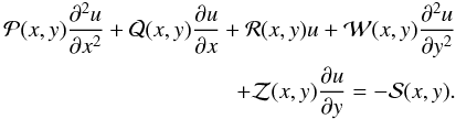 \begin{eqnarray} \label{elleqn}\mathcal P(x,y)\frac{\partial^2 u}{\partial x^2}+\mathcal Q(x,y)\frac{\partial u}{\partial x}+\mathcal R(x,y)u+\mathcal W(x,y)\frac{\partial^2 u}{\partial y^2}\nonumber\\ +\mathcal Z(x,y)\frac{\partial u}{\partial y}= -\mathcal S(x,y). \end{eqnarray}