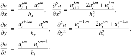 \begin{eqnarray} \frac{\partial u}{\partial x} &=&\frac{u_{i+1}^{j,m}-u_i^{j,m}}{h_x},\,\,\,\,\,\frac{\partial^2 u}{\partial x^2}=\frac{u_{i+1}^{j,m}-2u_i^{j,m}+u_{i-1}^{j,m}}{h_x^2},\nonumber\\ \frac{\partial u}{\partial y} &=&\frac{u_{i}^{j+1,m}-u_i^{j,m}}{h_y},\,\,\,\,\,\frac{\partial^2 u}{\partial y^2}=\frac{u_{i}^{j+1,m}-2u_i^{j,m}+u_{i}^{j-1,m}}{h_y^2},\nonumber\\ \frac{\partial u}{\partial t} &=&\frac{u_{i}^{j,m}-u_i^{j,m-1}}{h_t}\cdot \end{eqnarray}