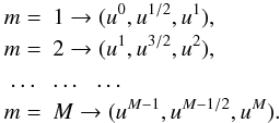 \begin{eqnarray} \label{m_layers} & m =&1 \rightarrow (u^0, u^{1/2}, u^1), \nonumber\\ & m =&2 \rightarrow (u^1, u^{3/2}, u^2), \nonumber\\ &\dots &\dots\,\,\,\, \dots \nonumber\\ & m =&M \rightarrow (u^{M-1}, u^{M-1/2}, u^M). \end{eqnarray}