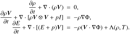 \begin{eqnarray} \label{eulergrav} \frac{\partial \rho} {\partial t} + \nabla \cdot (\rho \vec{V}) & = & 0 , \notag\\[-3mm] \frac{\partial \rho \vec{V}}{\partial t} + \nabla \cdot [\rho \vec{V} \otimes \vec{V} + pI] & = & - \rho \nabla \Phi ,\notag \\[-3mm] \frac{\partial E} {\partial t} + \nabla \cdot [(E + p) \vec{V} ] & = & - \rho(\vec{V} \cdot \nabla \Phi) + \Lambda(\rho,T) . \end{eqnarray}