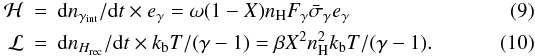 \begin{eqnarray} \label{heating_io} \mathcal{H}&=&{\rm d}n_{\gamma_{\rm int}} /{\rm d}t\times e_\gamma=\omega(1-X)n_{\rm H} F_\gamma \bar{\sigma}_\gamma e_\gamma \\\label{cooling_io} \mathcal{L}&=& {\rm d}n_{H_{\rm rec}}/{\rm d}t \times k_{\rm b}T/(\gamma-1)= \beta X^2 n_{\rm H}^2 k_{\rm b}T/(\gamma-1). \end{eqnarray}