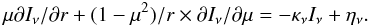 \begin{equation} \label{transfer} \mu \partial I_\nu/\partial r + (1-\mu^2)/r\times \partial I_\nu/\partial \mu= -\kappa_\nu I_\nu + \eta_\nu. \end{equation}