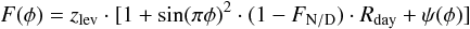 \begin{equation} F(\phi)=z_{\rm lev} \cdot [1+\sin({\pi \phi})^2 \cdot (1-F_{\rm N/D}) \cdot R_{\rm day}+\psi(\phi)] \label{equation_Snellen} \end{equation}