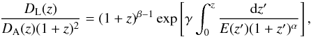 \begin{equation} \frac{D_{\rm L}(z)}{D_{\rm A}(z)(1 + z)^{2}} = (1+z)^{\beta-1} \exp\left[\gamma \int_0^z \frac{{\rm d}z'}{E(z')(1+z')^{\alpha}}\right], \label{3param} \end{equation}