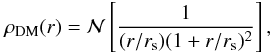 \begin{equation} \rho_{\rm DM}(r)=\mathcal{N} \left[ \frac{1}{(r/r_{\rm s}) (1+r/r_{\rm s})^2} \right], \label{NFW} \end{equation}