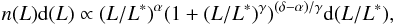 \begin{equation} n(L)\mathrm{d}(L) \propto (L/L^*)^\alpha (1 + (L/L^*)^\gamma)^{(\delta - \alpha)/\gamma} \mathrm{d}(L/L^*), \label{eq:lumfun} \end{equation}
