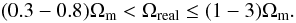 \begin{equation} (0.3 - 0.8)\Omega_{\rm m} < \Omega_{\rm real} \le (1-3) \Omega_{\rm m}. \end{equation}