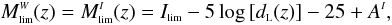 \begin{equation} \label{mlim} M^{\ssty W}_{\ssty \lim}(z) = M^{\ssty I}_{\ssty \lim}(z) = I_{\ssty \lim} - 5 \log\left[\dl (z)\right] - 25 + A^{\ssty I}, \end{equation}
