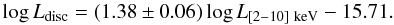 \begin{equation} \log L_{\rm disc}=(1.38\pm0.06)\log L_{\rm [2{-}10]~keV}- 15.71 . \label{eq2_LDLX} \end{equation}