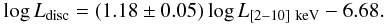 \begin{equation} \log L_{\rm disc}=(1.18\pm 0.05)\log L_{\rm [2{-}10]~keV} -6.68 . \label{eq3_LDLX} \end{equation}