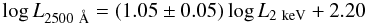 \begin{equation} \log L_{2500~\AA}=(1.05\pm0.05)\log L_{\rm 2~keV}+ 2.20 \label{eq1_4_LDLX} \end{equation}