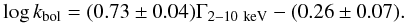 \begin{equation} \log{k_{\rm bol}}=(0.73 \pm 0.04)\Gamma_{\rm 2{-}10 ~keV} -(0.26\pm 0.07). \label{eq_g_k} \end{equation}