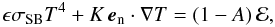 \begin{equation} \epsilon\sigma_\mathrm{SB} T^4 + K\, \vec{e}_\mathrm{n}\cdot\nabla T =(1-A)\,\cal{E},\label{bc1} \end{equation}
