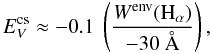 \begin{equation} \label{avdachs} E^{{\rm cs}}_{V}\approx -0.1\ \left(\frac{W^{{\rm env}}({\rm H}_{\alpha})}{-30~\AA}\right), \end{equation}