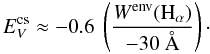 \begin{equation} \label{avBeX} E^{{\rm cs}}_{V}\approx -0.6\ \left(\frac{W^{{\rm env}}({\rm H}_{\alpha})}{-30~\AA}\right)\cdot \end{equation}