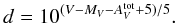 \begin{equation} \label{dist} d=10^{(V-M_{V}-A^{\rm tot}_{V}+5)/5}. \end{equation}