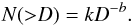 \begin{equation} N({>}D)=kD^{-b}. \label{eq:distrib-d} \end{equation}