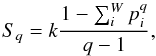 \begin{equation} S_q = k \frac{1-\sum_i^W p_i^q }{q-1}, \end{equation}