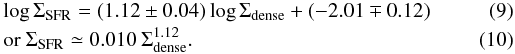 \begin{eqnarray} &&\log{\Sigma_{\rm SFR}} = (1.12 \pm 0.04)\log{\Sigma_{\rm dense}} + (-2.01 \mp 0.12) \\ && \mathrm{or\ } \Sigma_{\rm SFR} \simeq 0.010\ \Sigma_{\rm dense}^{1.12}. \end{eqnarray}
