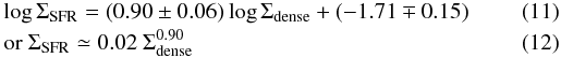 \begin{eqnarray} && \log{\Sigma_{\rm SFR}} = (0.90 \pm 0.06)\log{\Sigma_{\rm dense}} + (-1.71 \mp 0.15) \\ &&\mathrm{or\ } \Sigma_{\rm SFR} \simeq 0.02\ \Sigma_{\rm dense}^{0.90} \end{eqnarray}