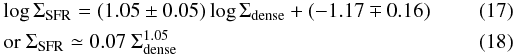 \begin{eqnarray} && \log{\Sigma_{\rm SFR}} = (1.05 \pm 0.05)\log{\Sigma_{\rm dense}} + (-1.17\mp 0.16) \\ && \mathrm{or\ } \Sigma_{\rm SFR} \simeq 0.07\ \Sigma_{\rm dense}^{1.05} \end{eqnarray}