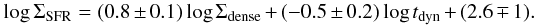\begin{equation} \log{\Sigma_{\rm SFR}} = (0.8\pm0.1)\log{\Sigma_{\rm dense}} + (-0.5\pm0.2)\log{t_{\rm dyn}} + (2.6 \mp 1). \label{twoparameter} \end{equation}