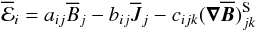 \appendix \setcounter{section}{1} \begin{equation} \meanemf_i = a_{ij} \meanB_j - b_{ij} \meanJ_j - c_{ijk} (\nab \meanBB)^{\rm{S}}_{jk} \label{eqA03} \end{equation}