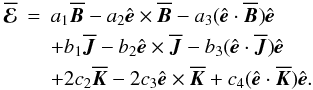 \appendix \setcounter{section}{1} \begin{eqnarray} \meanEMF &=& a_1 \meanBB - a_2 \eee \times \meanBB - a_3 (\eee \cdot \meanBB) \eee \nonumber\\ && + b_1 \meanJJ - b_2 \eee \times \meanJJ - b_3 (\eee \cdot \meanJJ) \eee \label{eqA09}\\ && + 2 c_2 \meanKK - 2 c_3 \eee \times \meanKK + c_4 (\eee \cdot \meanKK) \eee. \nonumber \end{eqnarray}
