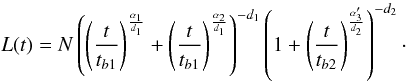\appendix \setcounter{section}{1} \begin{equation} L(t)=N\left( \left( \frac{t}{t_{b1}}\right)^{\frac{\alpha_1}{d_1}}+ \left(\frac{t}{t_{b1}}\right)^{\frac{\alpha_2}{d_1}} \right)^{-d_1} \left( 1+ \left(\frac{t}{t_{b2}}\right)^{\frac{\alpha_3'}{d_2}} \right)^{-d_2}\cdot \label{DBPL} \end{equation}