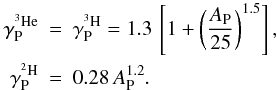 \appendix \setcounter{section}{2} \begin{eqnarray} \gamma_{\rm P}^{\het{}} &=& \gamma_{\rm P}^{\trit{}} = 1.3\, \left[ 1 + \left( \frac{A_{\rm P}}{25}\right)^{1.5}\right], \nonumber\\ \gamma_{\rm P}^{\deut{}} &=& 0.28\, A_{\rm P}^{1.2}. \label{eq:Nucp3} \end{eqnarray}