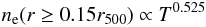 \begin{equation} n_{\rm e} (r \ge 0.15 r_{500}) \propto T^{0.525} \end{equation}