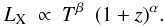 \begin{equation} L_{\rm X} ~ \propto~ T^{\beta}~~ (1+z)^{\alpha}. \end{equation}