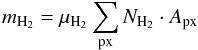 \begin{equation} \label{eq:MH2} m_{\mathrm{H_2}} = \mu_{\mathrm{H_2}} \sum_{\mathrm{px}} N_{\mathrm{H_2}} \cdot A_{\mathrm{px}} \end{equation}