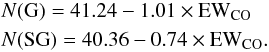 \begin{eqnarray*} &&N(\mathrm{G})=41.24-1.01\times {\rm EW}_{\mathrm{CO}}\\ &&N(\mathrm{SG})=40.36-0.74\times {\rm EW}_{\mathrm{CO}}. \end{eqnarray*}