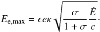 \begin{equation} \eemax = \epsilon e \kappa \sqrt{\dfrac{\sigma}{1 + \sigma}\dfrac{\dot E}{c}}\cdot \label{eq_gyro} \end{equation}