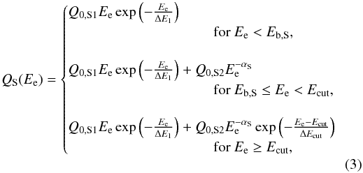 \begin{equation} Q_{\mathrm{S}}(E_{\mathrm{e}}) = \begin{cases} Q_{0,\mathrm{S1}}E_{\mathrm{e}}\exp \left( -\frac{E_{\mathrm{e}}}{\Delta E_{\mathrm{1}}} \right) \\ \bigskip \qquad \qquad \qquad \qquad \qquad \textrm{for} ~ E_{\mathrm{e}} < E_{\mathrm{b,S}} \textrm{,}\\ Q_{0,\mathrm{S1}}E_{\mathrm{e}}\exp\left(-\frac{E_{\mathrm{e}}}{\Delta E_{\mathrm{1}}} \right) + Q_{0,\mathrm{S2}}E_{\mathrm{e}}^{-\alpha_{\mathrm{S}}} \\ \bigskip \qquad \qquad \qquad \qquad \qquad \textrm{for} ~ E_{\mathrm{b,S}}\le E_{\mathrm{e}} < E_{\mathrm{cut}} \textrm{,} \end{cases} \label{eq_spectrum_inj_spit} \end{equation}