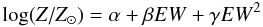 \begin{equation} \label{equ} \log(Z/Z_{\odot})= \alpha + \beta EW + \gamma EW^2 \end{equation}