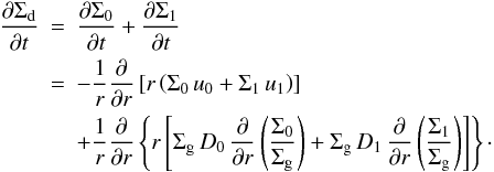\appendix \setcounter{section}{1} \begin{eqnarray} \frac{\del \Sigdust}{\del t} &=& \frac{\del \Sigma_0}{\del t} +\frac{\del \Sigma_1}{\del t} \nonumber\\ &=& -\frac{1}{r} \frac{\del}{\del r} \left[ r \left( \Sigma_0 \, u_0 + \Sigma_1 \, u_1 \right) \right] \\ &\phantom{=}& +\frac{1}{r} \frac{\del}{\del r} \left\{ r \left[ \Siggas \, D_0 \, \frac{\del}{\del r}\left( \frac{\Sigma_0}{\Siggas}\right) + \Siggas \,D_1 \, \frac{\del}{\del r} \left( \frac{\Sigma_1}{\Siggas} \right) \right] \right\}\cdot \nonumber \end{eqnarray}