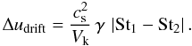 \begin{equation} \Delta u_\mathrm{drift} = \frac{\csound^2}{V_\mathrm{k}} \, \gamma \, \left| {\rm St}_1 - {\rm St}_2 \right|. \label{eq:dv_drift} \end{equation}